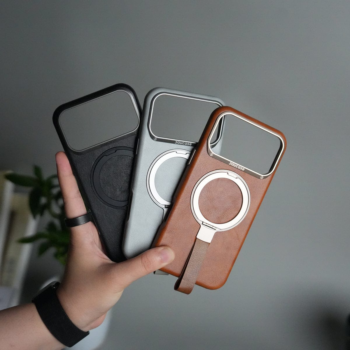 iPhone 17 Pro Max Luxury Leather MagSafe Case | Metal Ring Stand and Grip Holder Cover