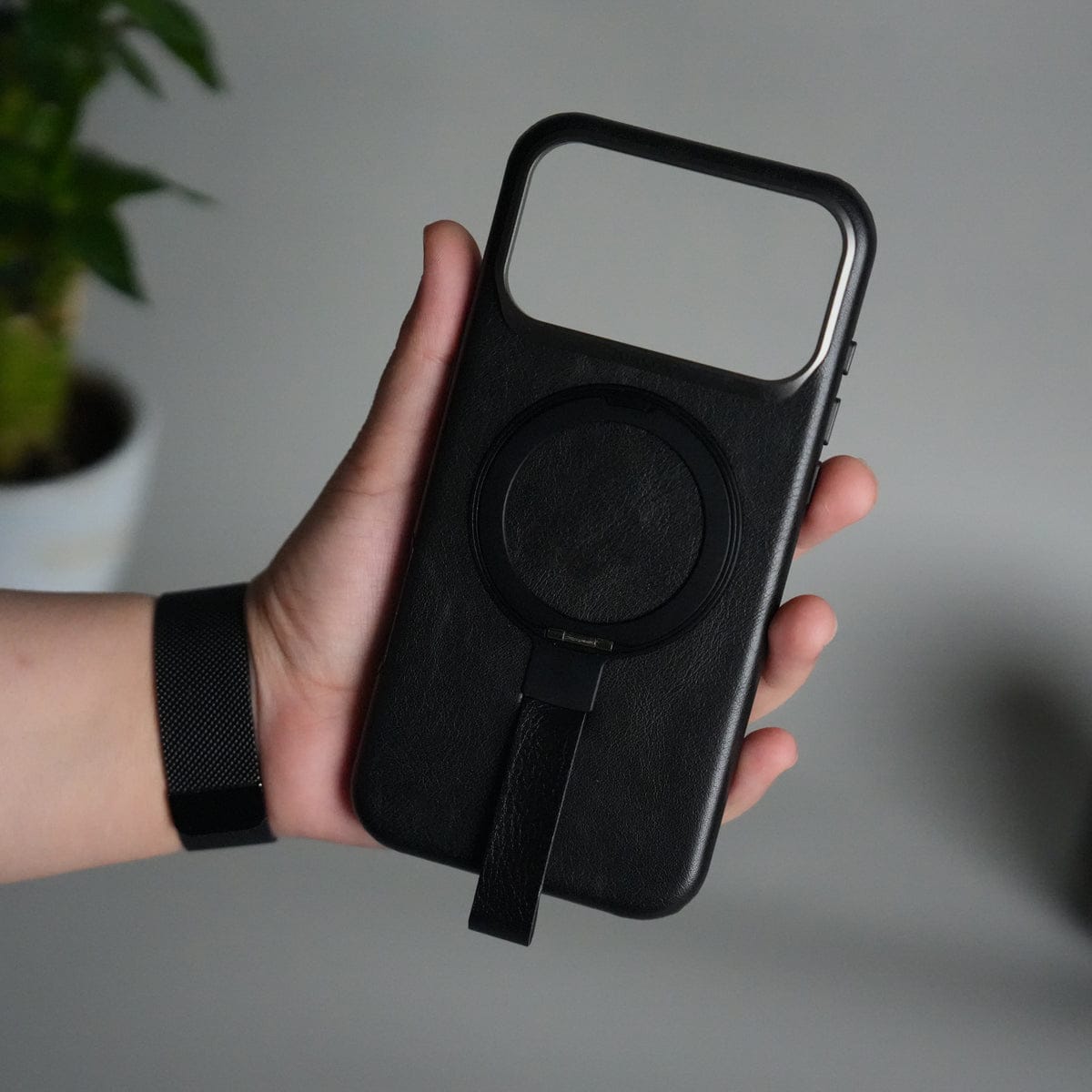 iPhone 17 Pro Max Luxury Leather MagSafe Case | Metal Ring Stand and Grip Holder Cover