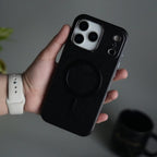 iPhone 17 Pro Max Metallic Textured Leather MagSafe Ring Case Cover