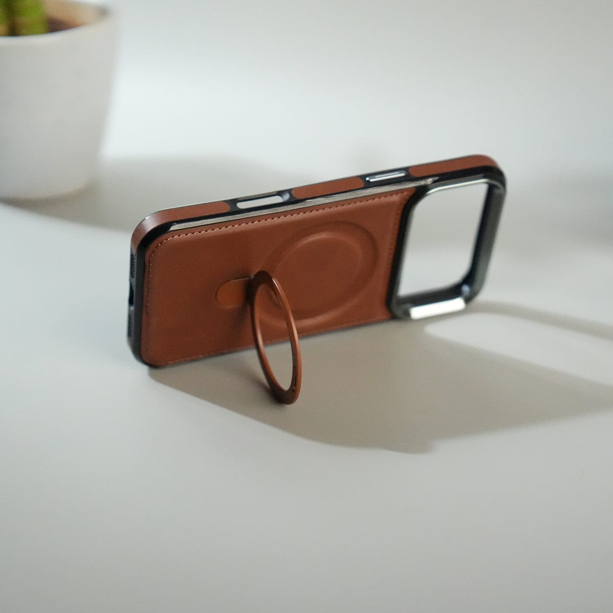 iPhone 17 Pro Max Premium PU Leather Case with Metal Kickstand | Metal Camera Bump | Luxury Shockproof Back Cover