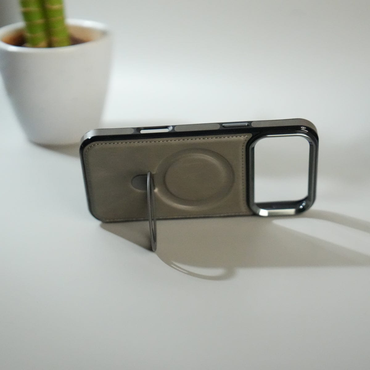 iPhone 17 Pro Max Premium PU Leather Case with Metal Kickstand | Metal Camera Bump | Luxury Shockproof Back Cover