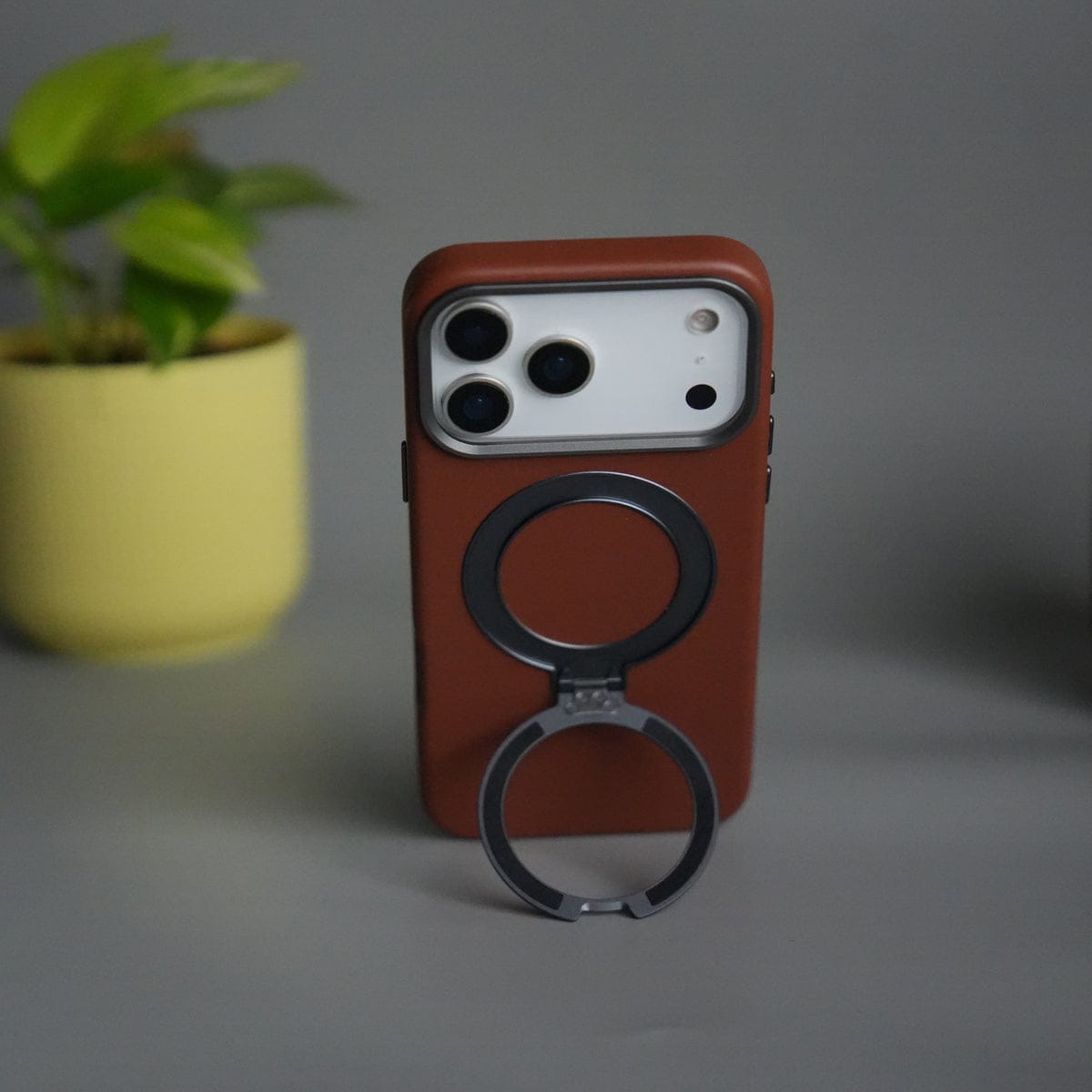 iPhone 17 Pro Max PU Leather Case with Metal Camera Frame & 360° Rotating Metal Stand