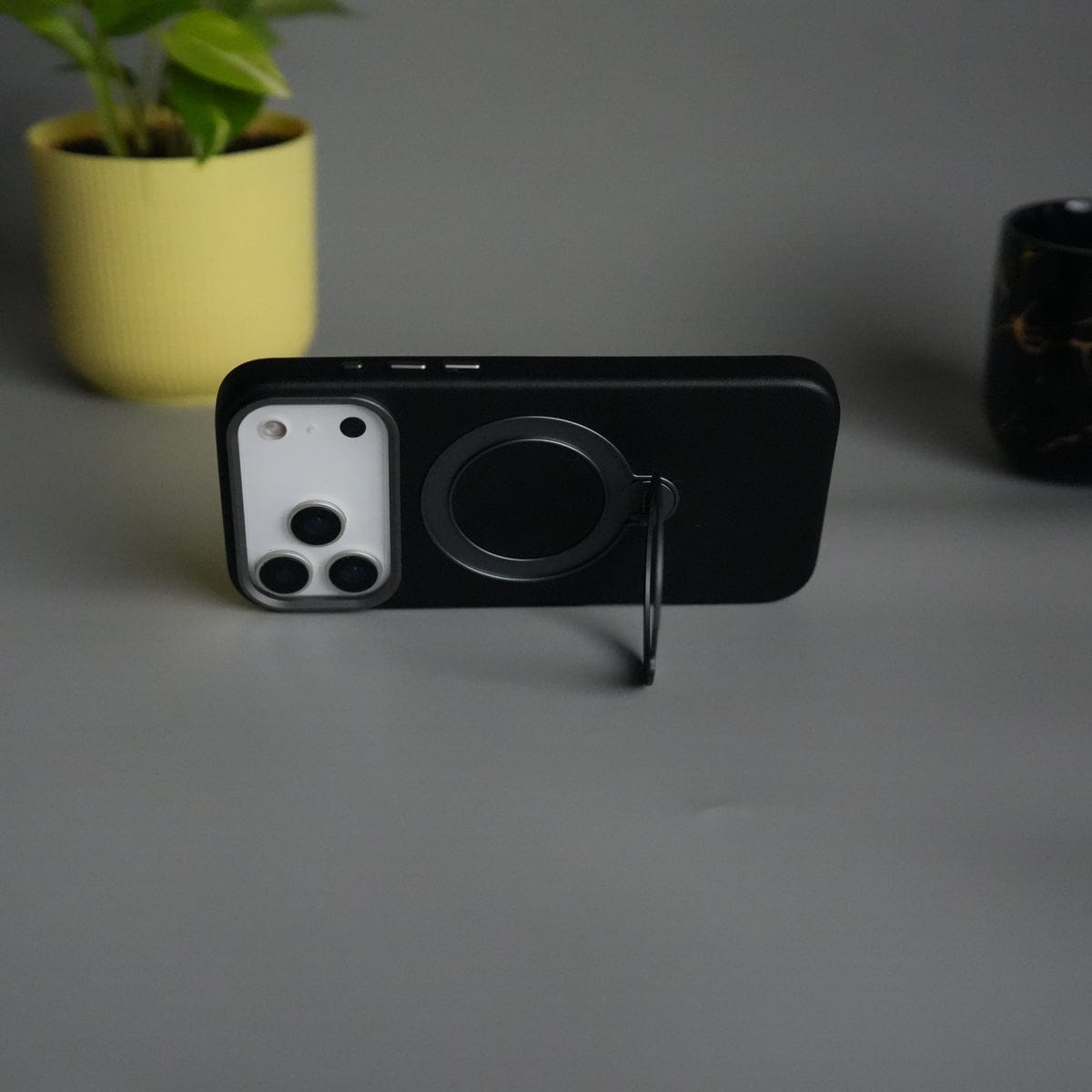 iPhone 17 Pro Max PU Leather Case with Metal Camera Frame & 360° Rotating Metal Stand