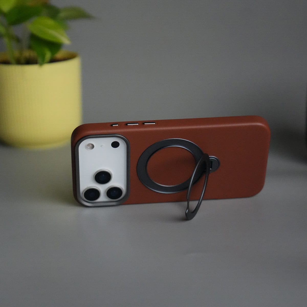 iPhone 17 Pro Max PU Leather Case with Metal Camera Frame & 360° Rotating Metal Stand