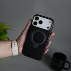 iPhone 17 Pro Max PU Leather Case with Metal Camera Frame & 360° Rotating Metal Stand