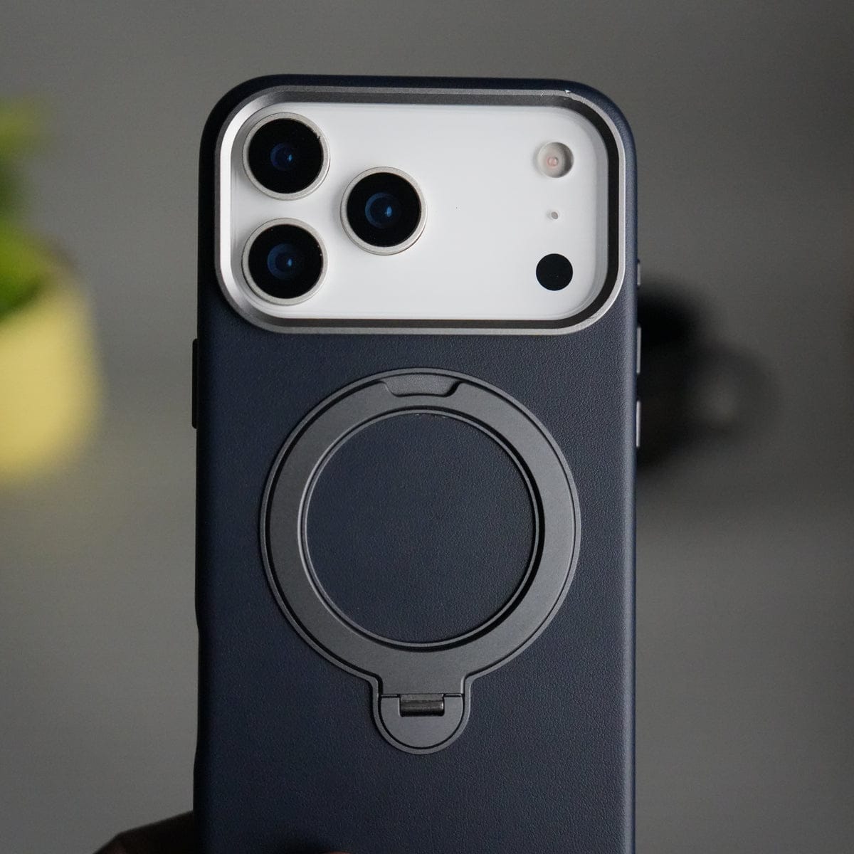 iPhone 17 Pro Max PU Leather Case with Metal Camera Frame & 360° Rotating Metal Stand