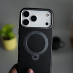 iPhone 17 Pro Max PU Leather Case with Metal Camera Frame & 360° Rotating Metal Stand