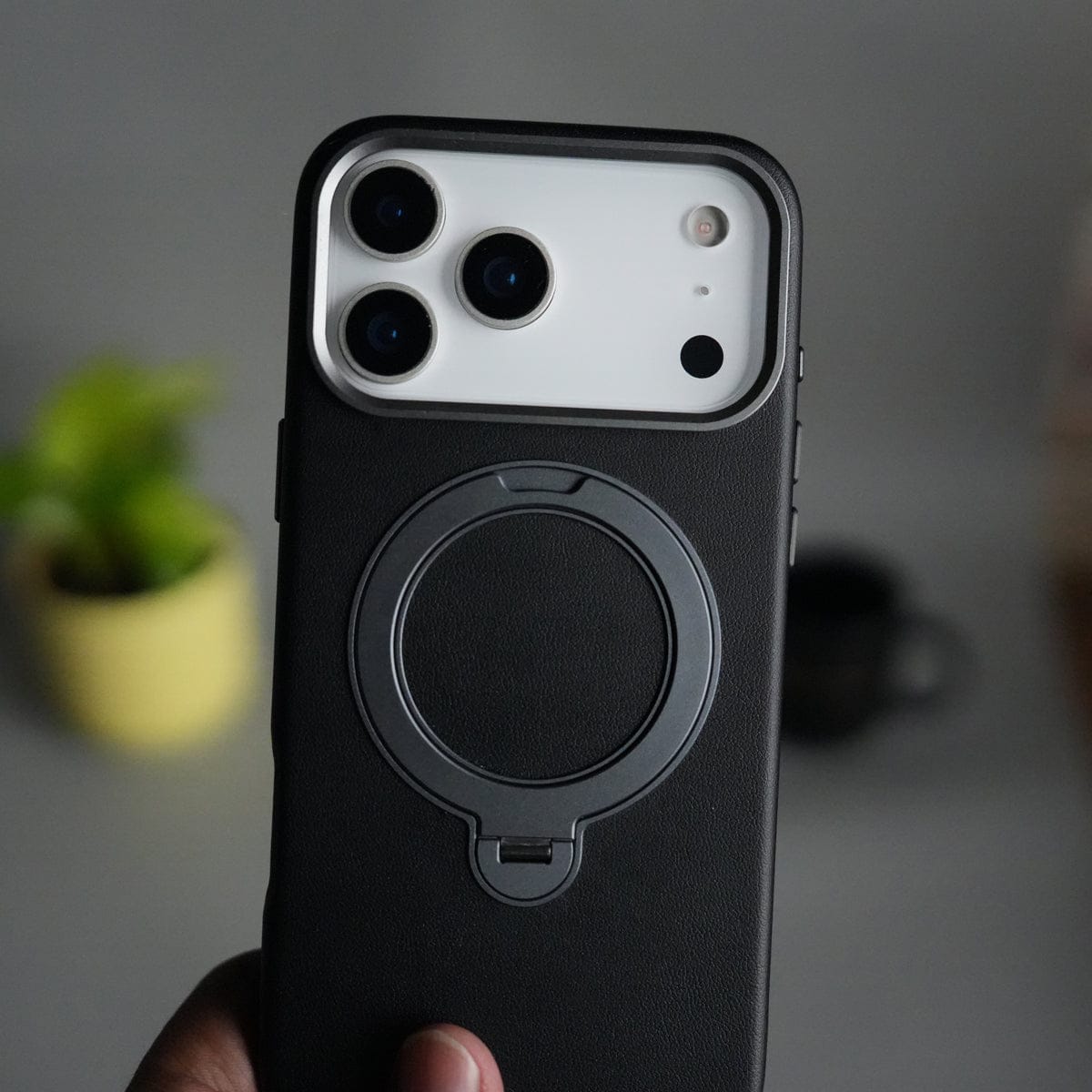 iPhone 17 Pro Max PU Leather Case with Metal Camera Frame & 360° Rotating Metal Stand