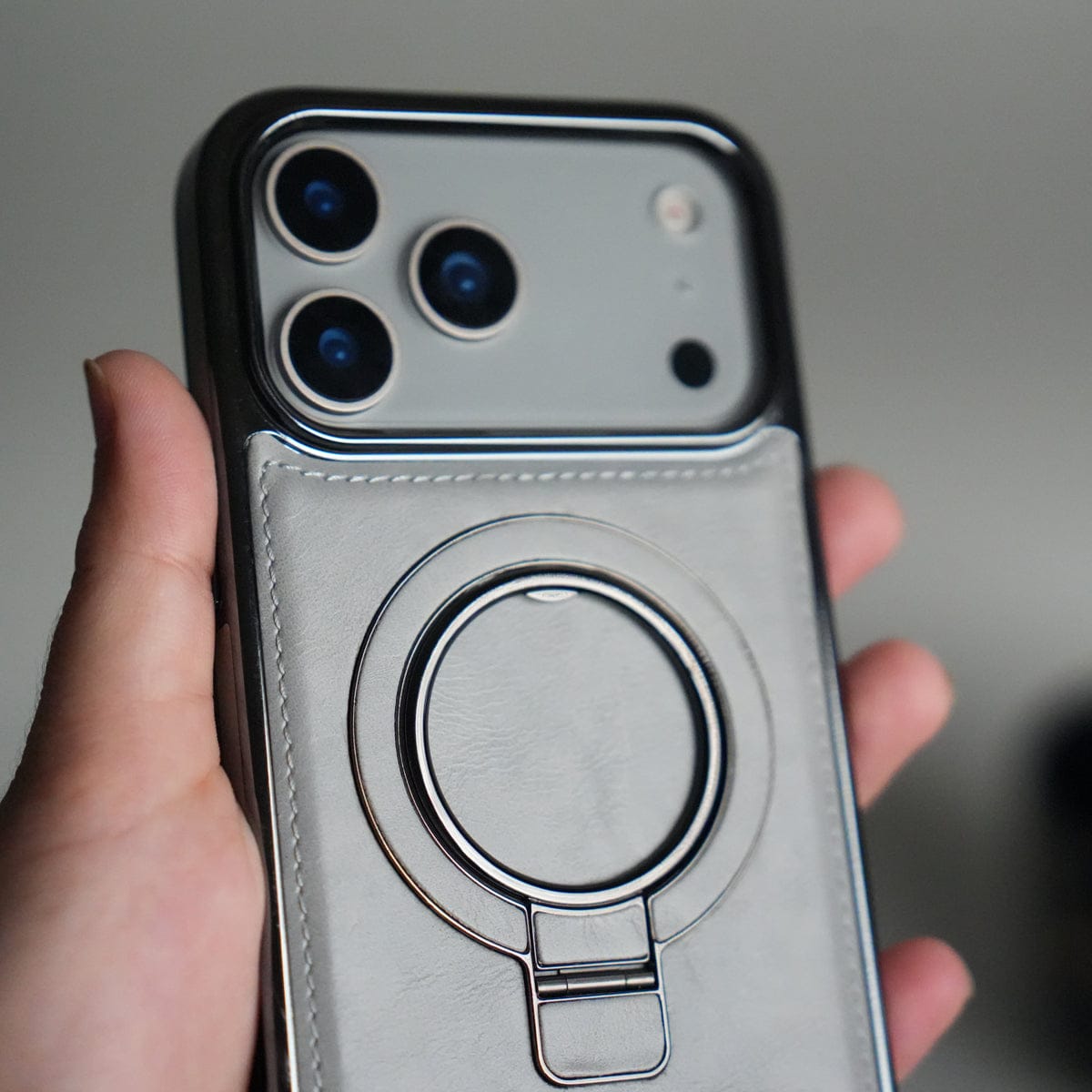 iPhone 17 Pro Max PU Leather Chrome Side Case With Ring Metal Stand