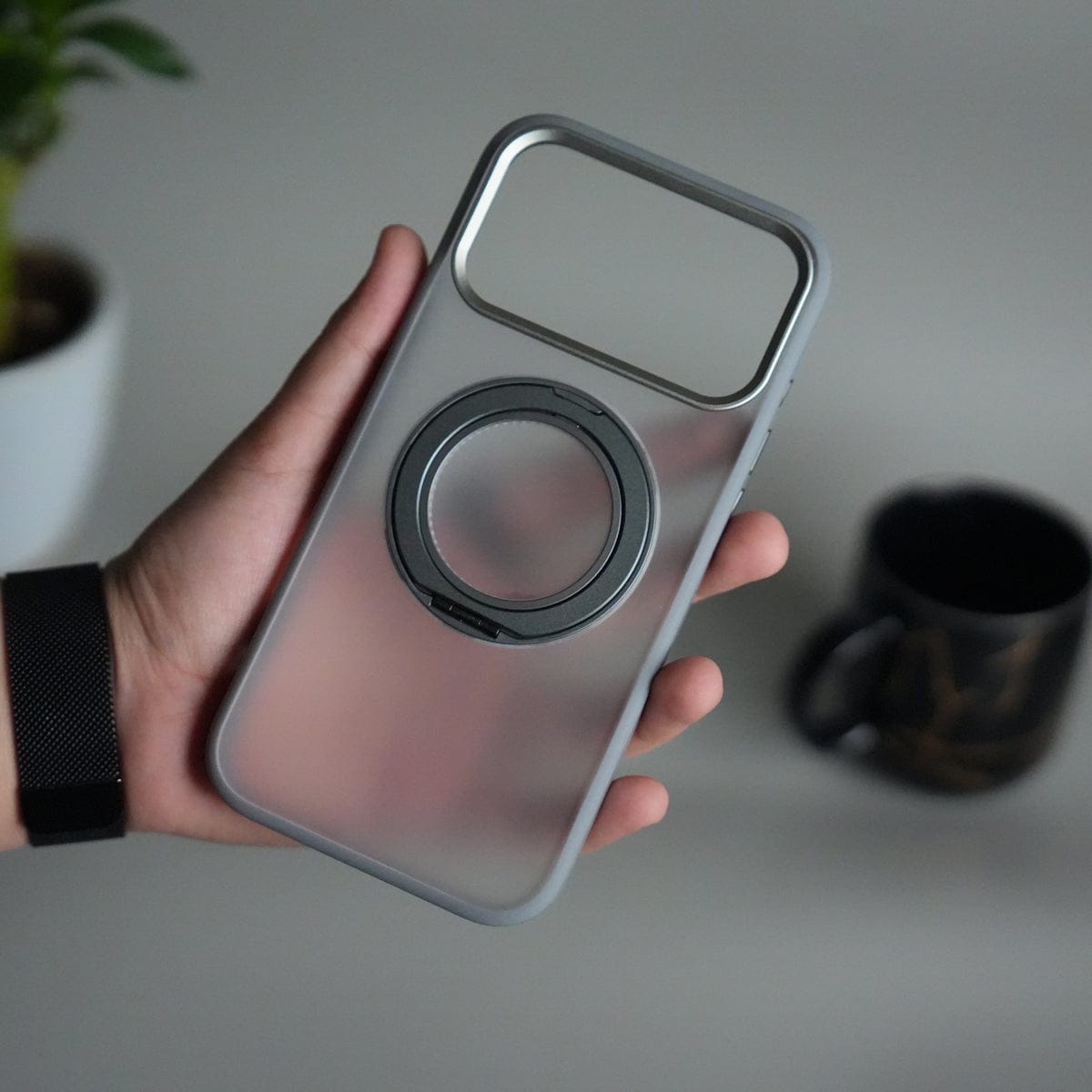 iPhone 17 Pro Max Transparent Magnetic Ring Case | Frosted Shockproof Kickstand Cover