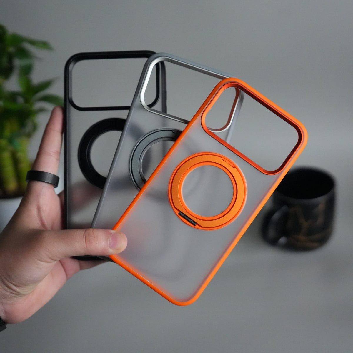 iPhone 17 Pro Max Transparent Magnetic Ring Case | Frosted Shockproof Kickstand Cover