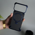 iPhone 17 Series Carbon Fiber Design Frameless Metal Kickstand Case | Blue frame
