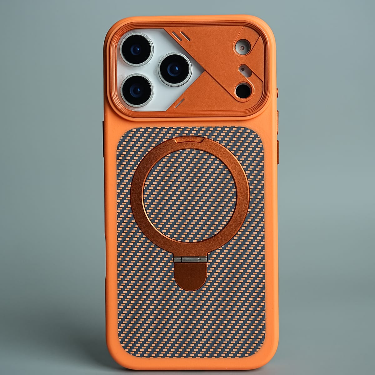iPhone 17 Series Carbon Fiber Texture Ring Stand Protective Case Cover