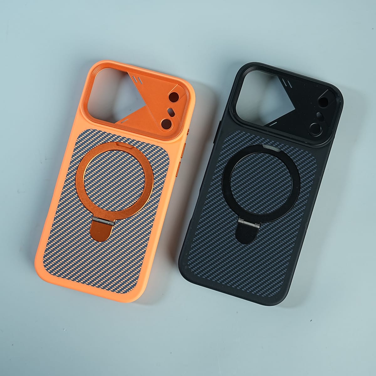 iPhone 17 Series Carbon Fiber Texture Ring Stand Protective Case Cover