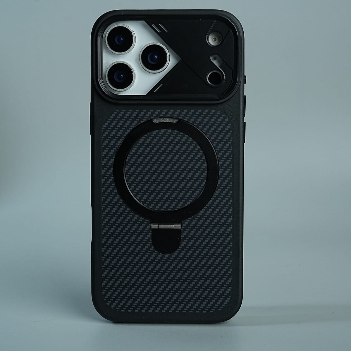 iPhone 17 Series Carbon Fiber Texture Ring Stand Protective Case Cover