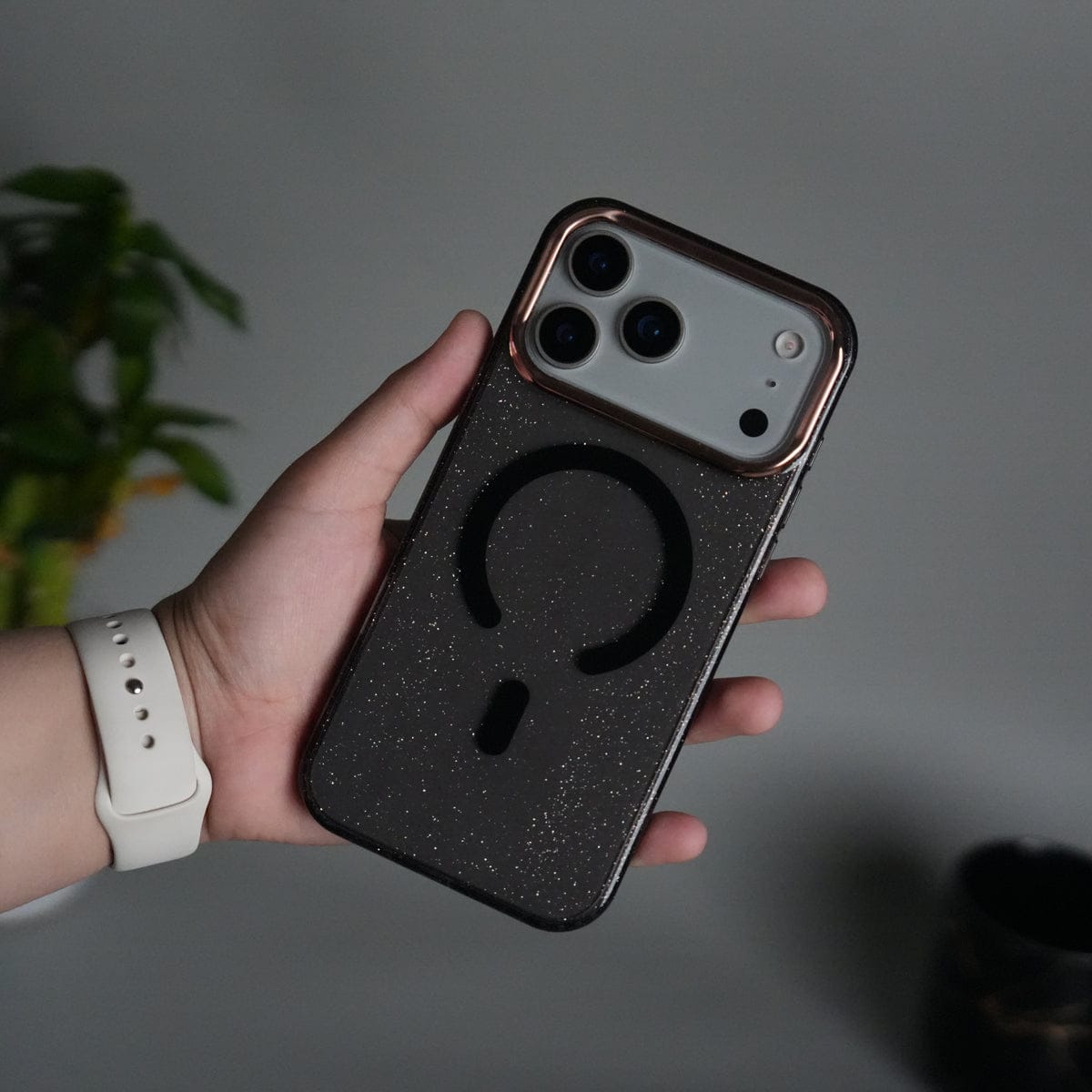 iPhone 17 Series Glitter MagSafe Case | Transparent Cover with Sparkle Finish & Metallic Camera Bumper