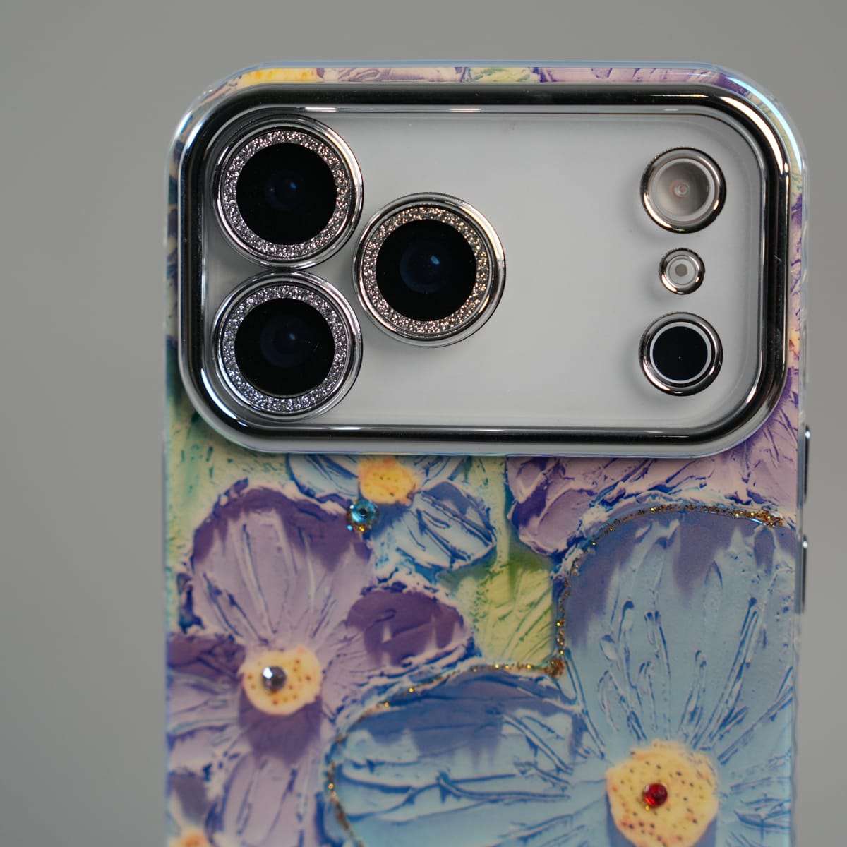 iPhone 17 Series Luxury 3D Oil Painting Floral Design Glitter Lens Protection Stand Cover