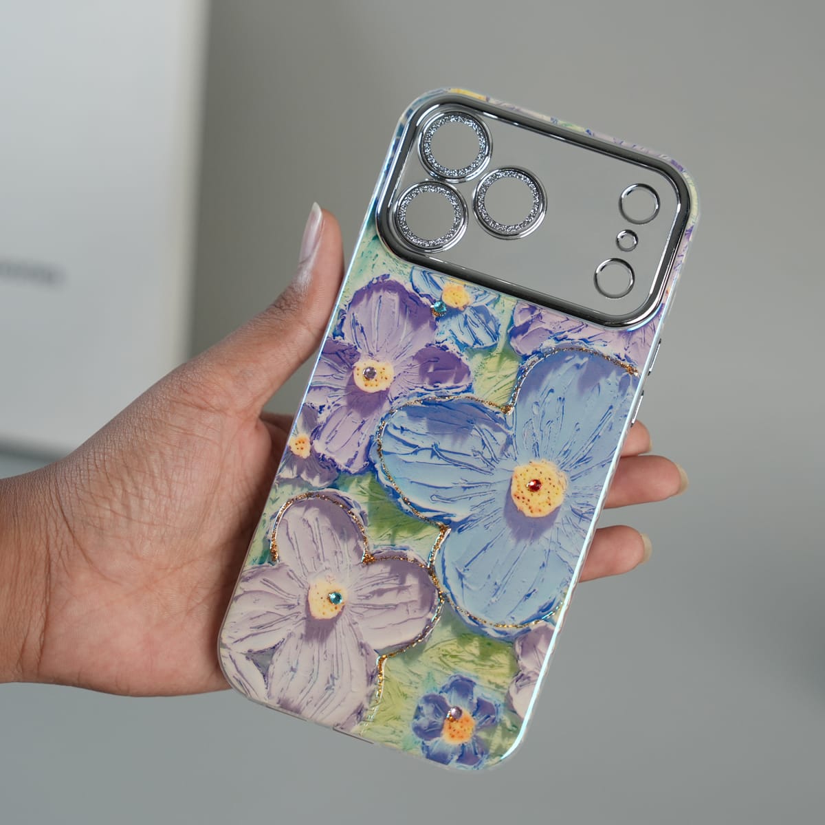 iPhone 17 Series Luxury 3D Oil Painting Floral Design Glitter Lens Protection Stand Cover