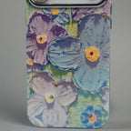 iPhone 17 Series Luxury 3D Oil Painting Floral Design Glitter Lens Protection Stand Cover