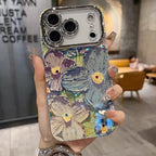 iPhone 17 Series Luxury 3D Oil Painting Floral Design Glitter Lens Protection Stand Cover