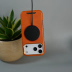 iPhone 17 Series Luxury Leather Magnetic Ring Case | Metal Camera Frame and Kickstand Cover | Orange