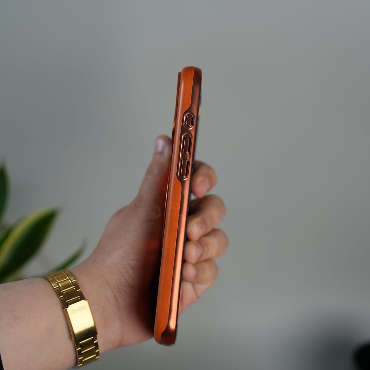iPhone 17 Series Luxury Leather Magnetic Ring Case | Metal Camera Frame and Kickstand Cover | Orange