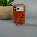 iPhone 17 Series Luxury Leather Magnetic Ring Case | Metal Camera Frame and Kickstand Cover | Orange