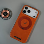 iPhone 17 Series Luxury Leather Magnetic Ring Case | Metal Camera Frame and Kickstand Cover | Orange