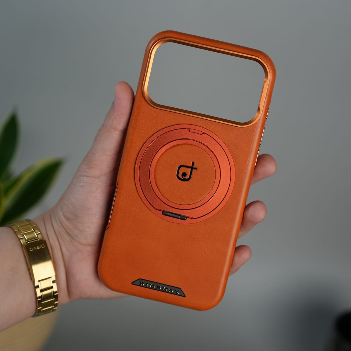 iPhone 17 Series Luxury Leather Magnetic Ring Case | Metal Camera Frame and Kickstand Cover | Orange