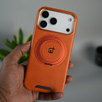 iPhone 17 Series Luxury Leather Magnetic Ring Case | Metal Camera Frame and Kickstand Cover | Orange
