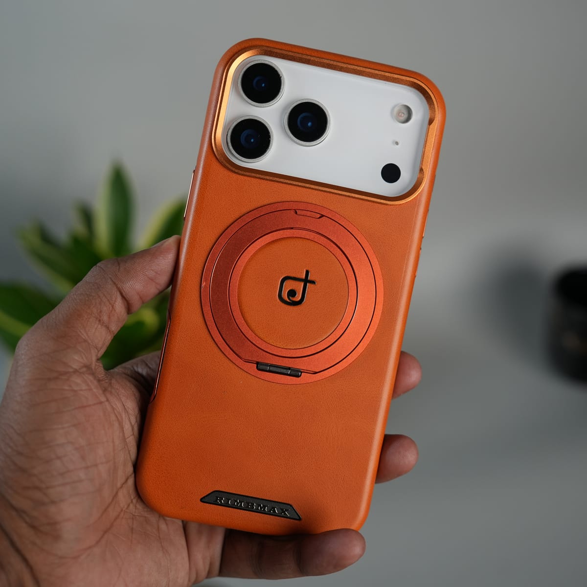 iPhone 17 Series Luxury Leather Magnetic Ring Case | Metal Camera Frame and Kickstand Cover | Orange