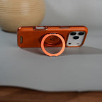 iPhone 17 Series Luxury Leather Magnetic Ring Case | Metal Camera Frame and Kickstand Cover | Orange