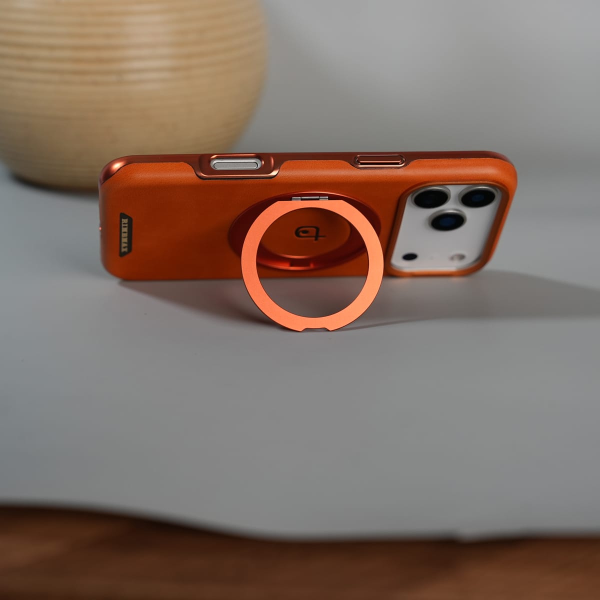 iPhone 17 Series Luxury Leather Magnetic Ring Case | Metal Camera Frame and Kickstand Cover | Orange