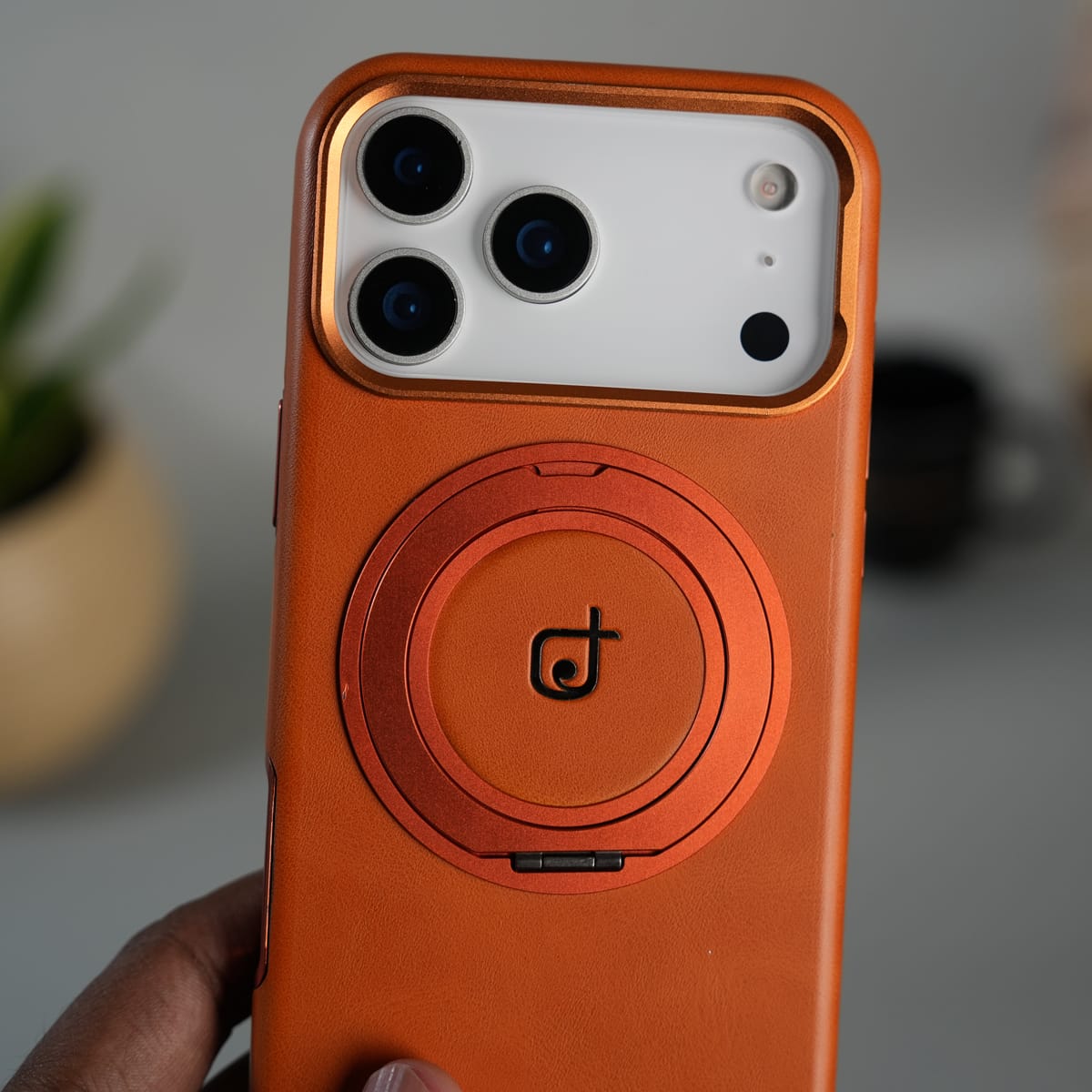 iPhone 17 Series Luxury Leather Magnetic Ring Case | Metal Camera Frame and Kickstand Cover | Orange