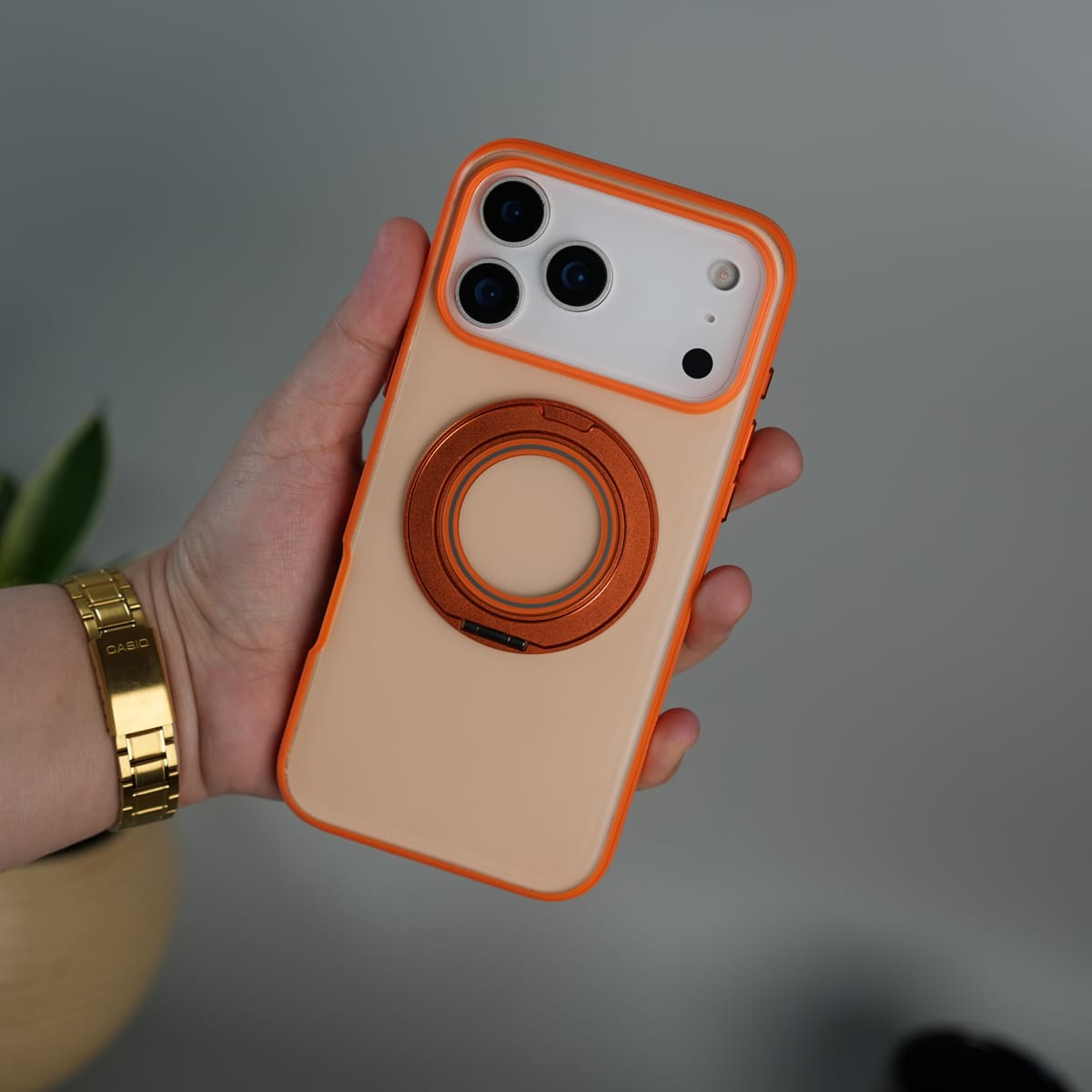 iPhone 17 Series Magnetic Ring Stand Case | Frosted Shockproof Back Cover with Metal Kickstand | Orange