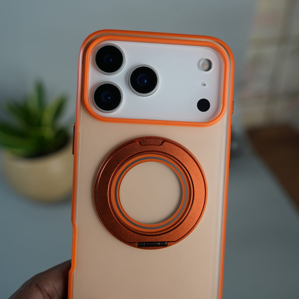 iPhone 17 Series Magnetic Ring Stand Case | Frosted Shockproof Back Cover with Metal Kickstand | Orange