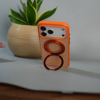 iPhone 17 Series Magnetic Ring Stand Case | Frosted Shockproof Back Cover with Metal Kickstand | Orange