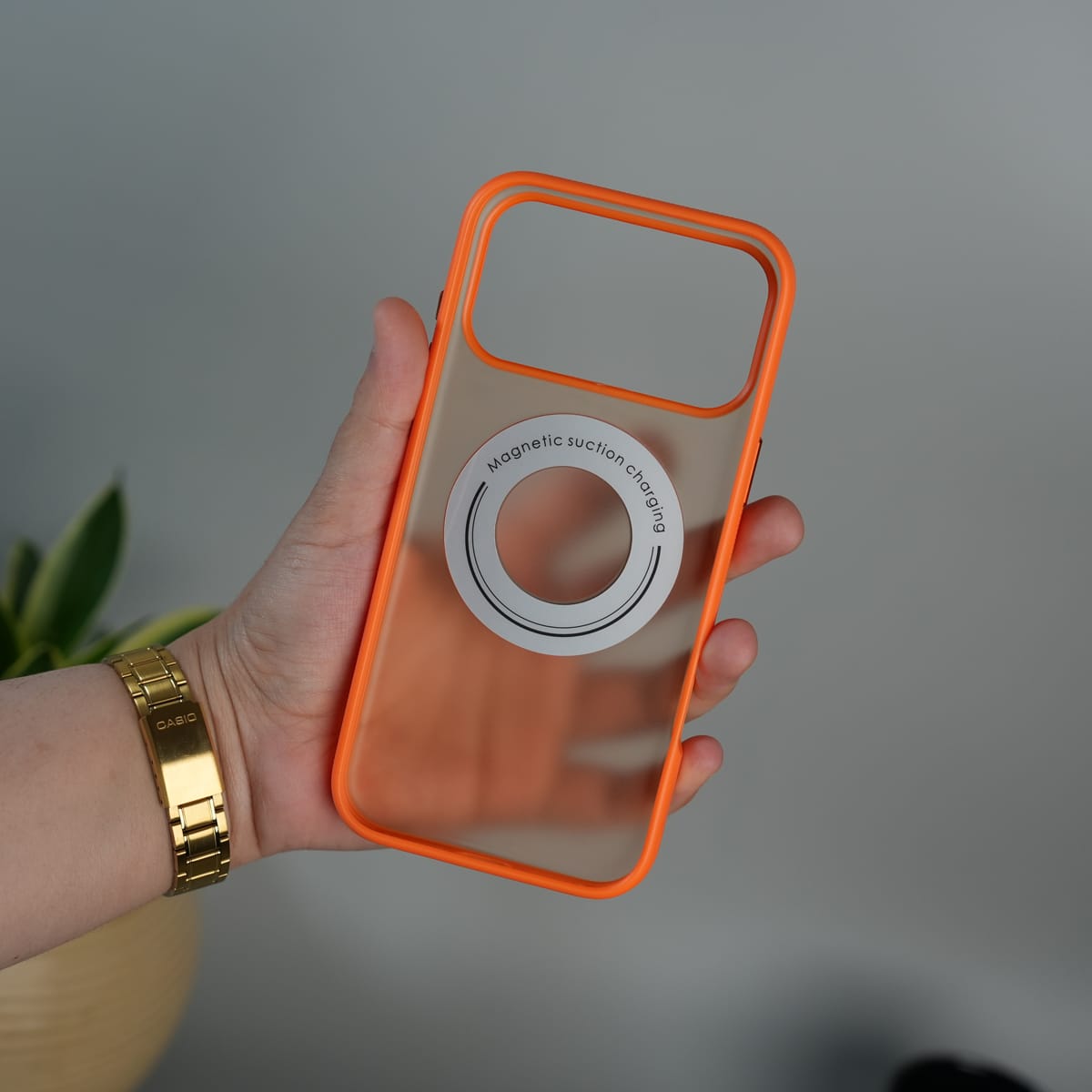 iPhone 17 Series Magnetic Ring Stand Case | Frosted Shockproof Back Cover with Metal Kickstand | Orange