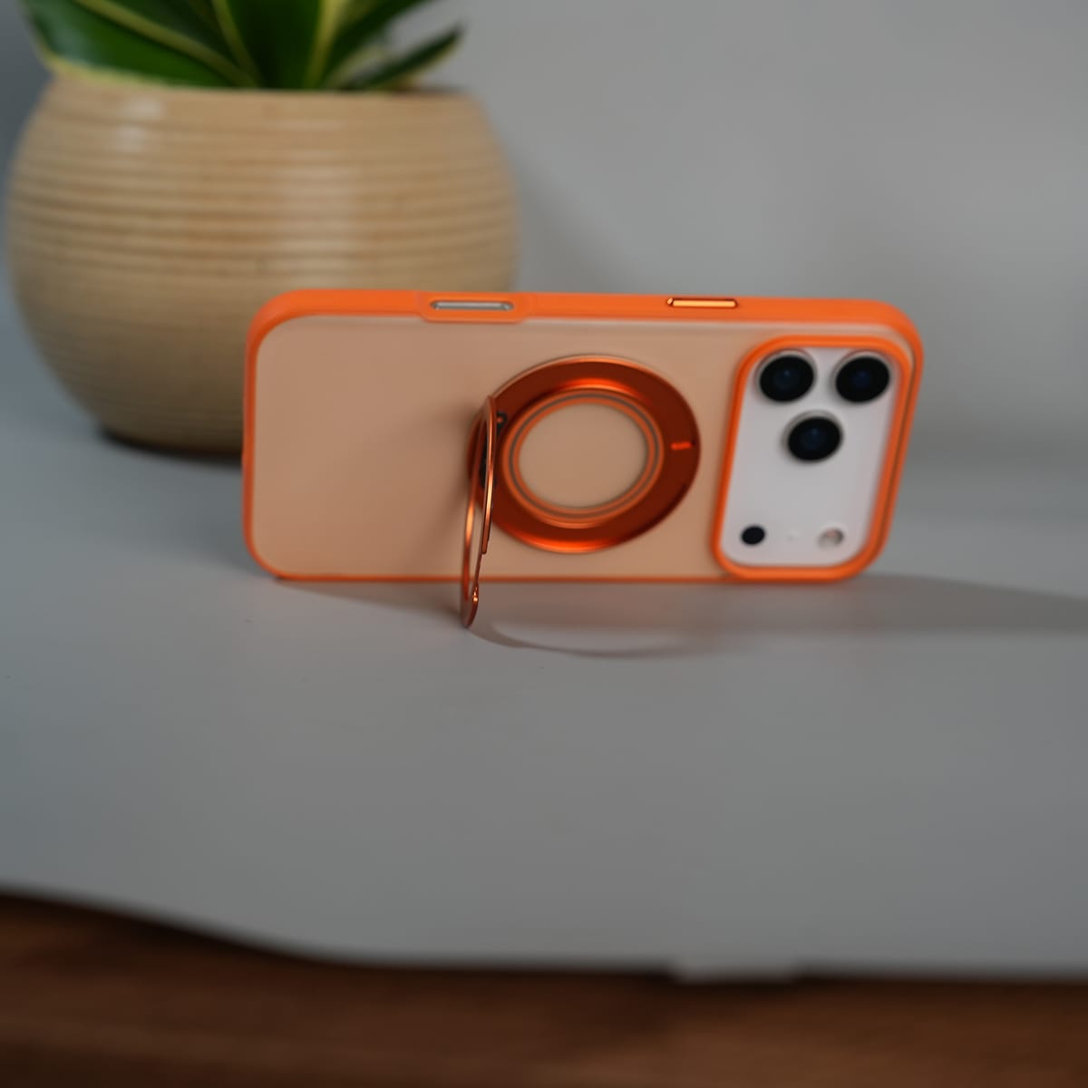 iPhone 17 Series Magnetic Ring Stand Case | Frosted Shockproof Back Cover with Metal Kickstand | Orange