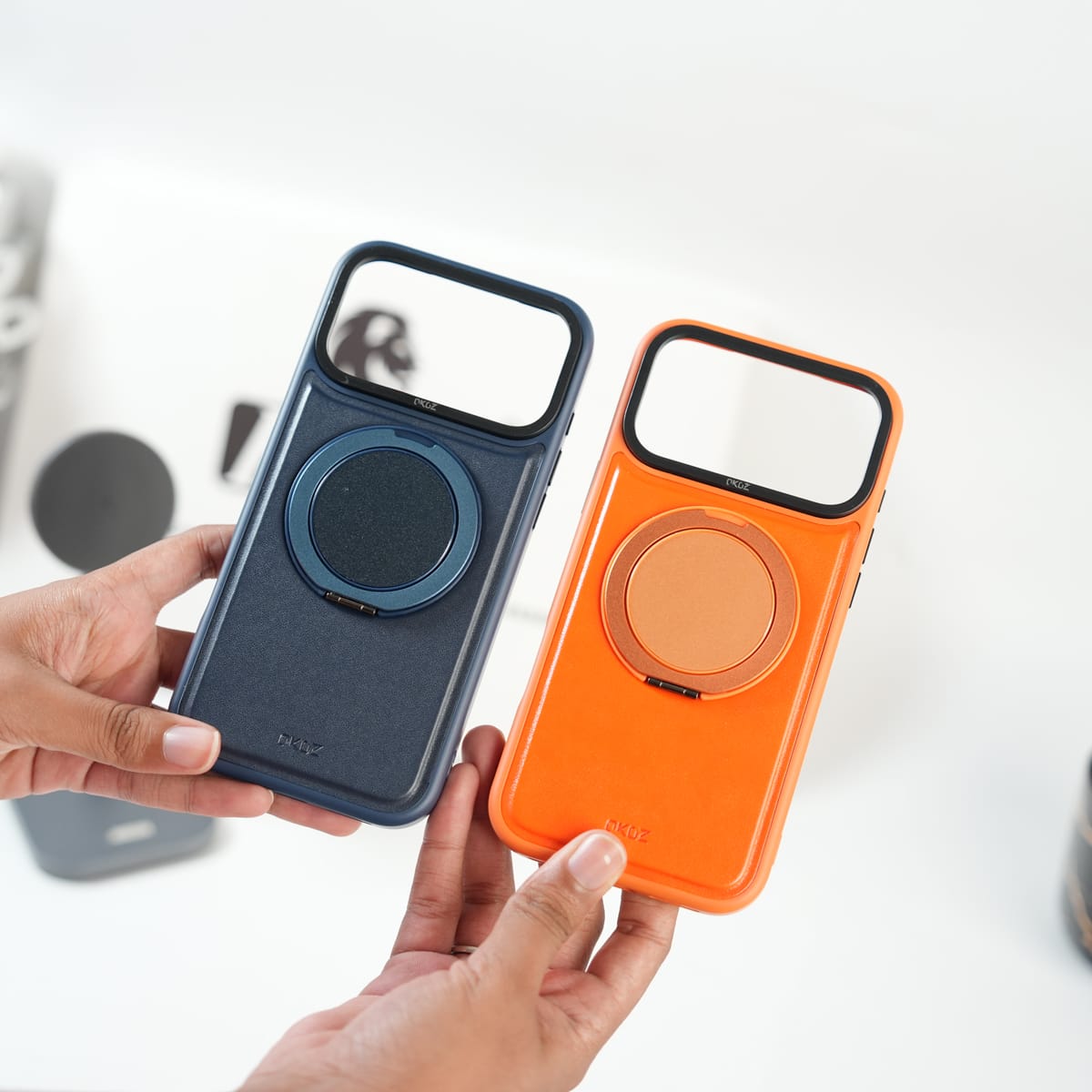 iPhone 17 Series MagSafe PU Leather Ring Stand Case | 360° Rotating Metal Kickstand