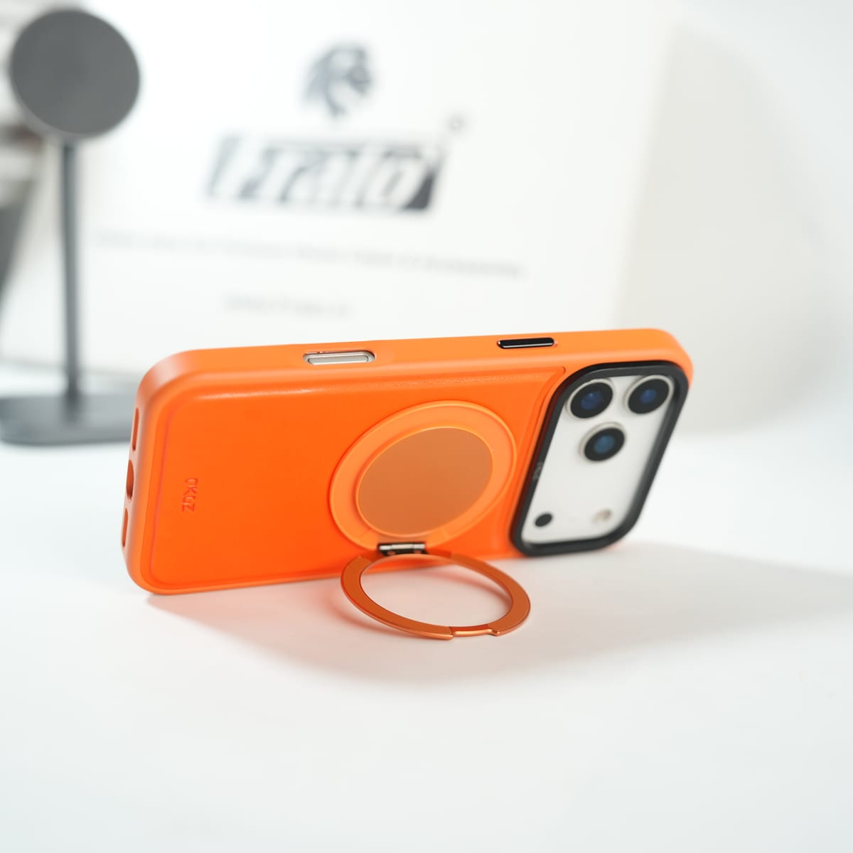 iPhone 17 Series MagSafe PU Leather Ring Stand Case | 360° Rotating Metal Kickstand