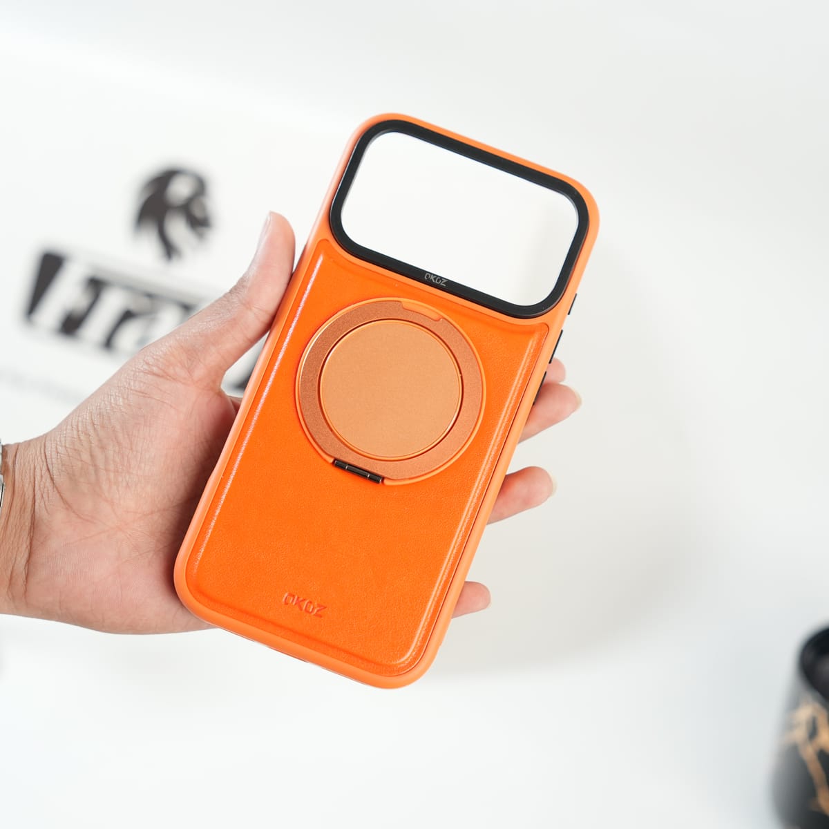 iPhone 17 Series MagSafe PU Leather Ring Stand Case | 360° Rotating Metal Kickstand