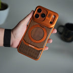 iPhone 17 Series Metallic Wood Leather AeroFLex Aluminium Case With Rotating Stand