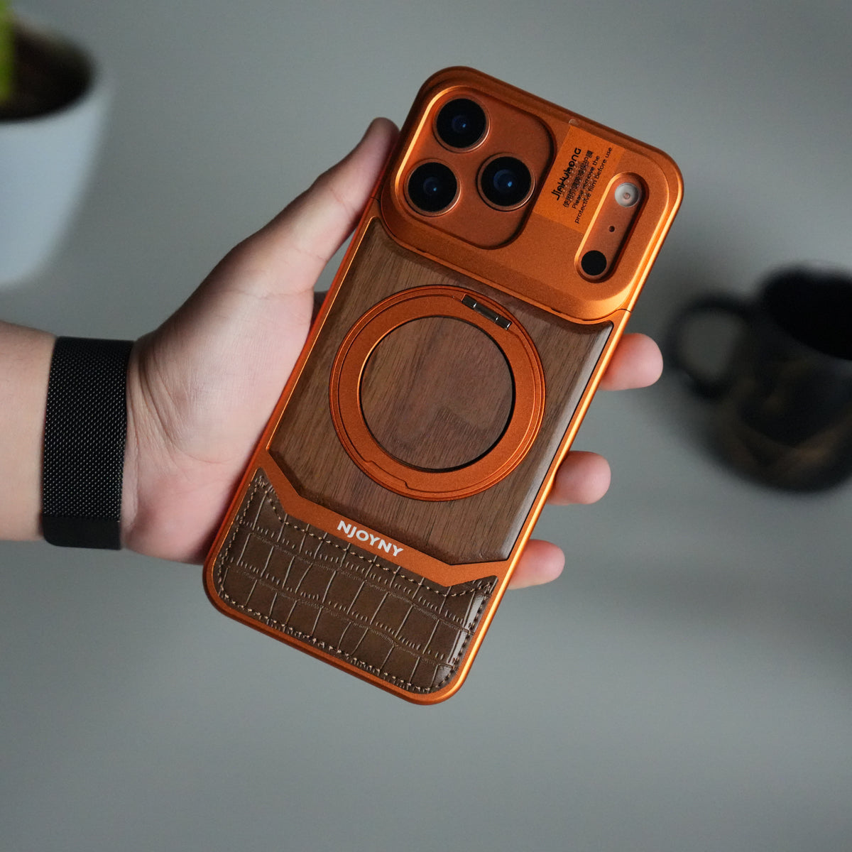 iPhone 17 Series Metallic Wood Leather AeroFLex Aluminium Case With Rotating Stand