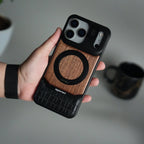 iPhone 17 Series Metallic Wood Leather AeroFLex Aluminium Case With Rotating Stand
