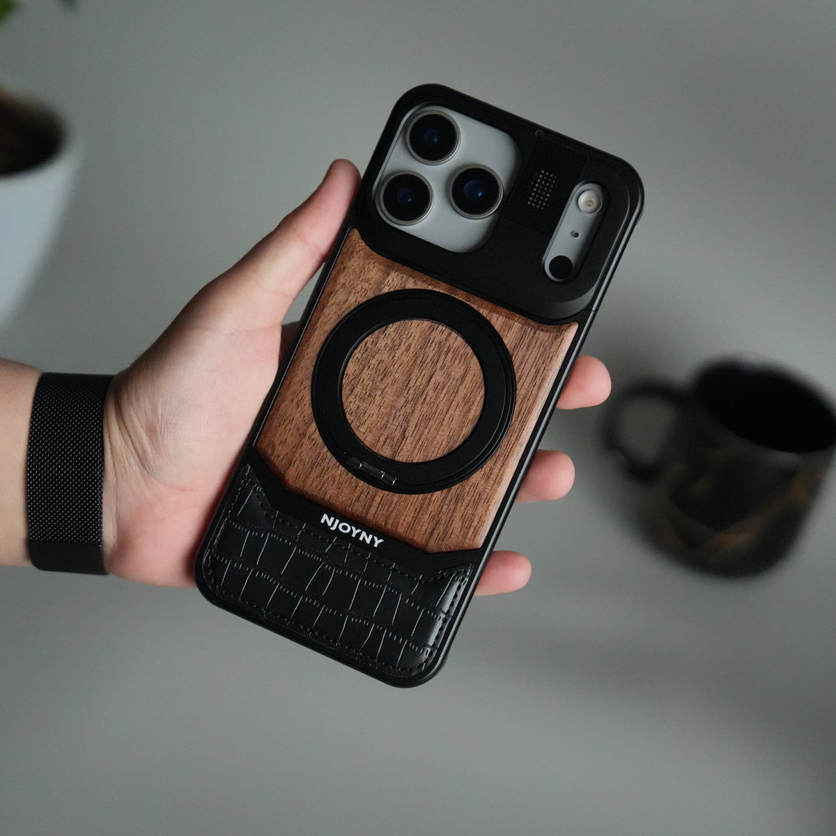 iPhone 17 Series Metallic Wood Leather AeroFLex Aluminium Case With Rotating Stand