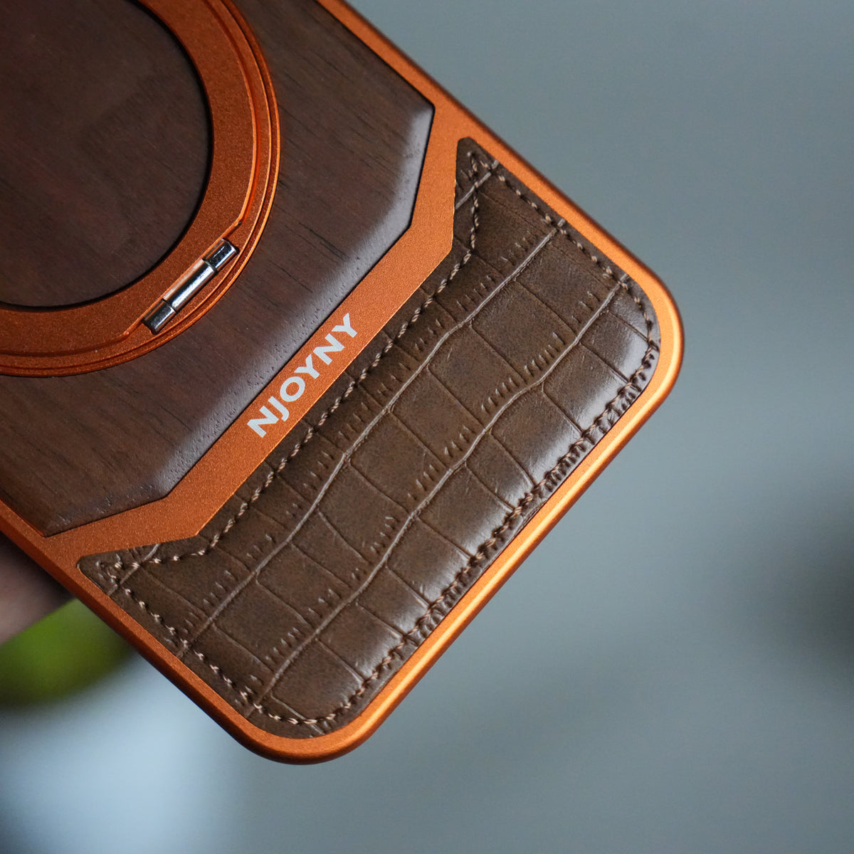 iPhone 17 Series Metallic Wood Leather AeroFLex Aluminium Case With Rotating Stand