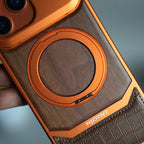 iPhone 17 Series Metallic Wood Leather AeroFLex Aluminium Case With Rotating Stand