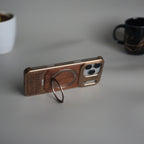 iPhone 17 Series Metallic Wood Leather AeroFLex Aluminium Case With Rotating Stand