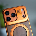 iPhone 17 Series Metallic Wood Leather AeroFLex Aluminium Case With Rotating Stand